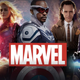 Wanda, Carol, Sam, Loki, and Natasha photoshopped together with the Marvel logo in front of them.